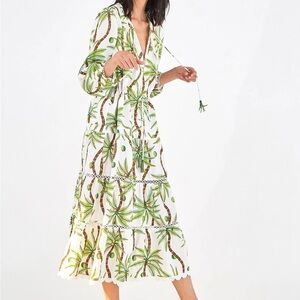FARM Rio White Palm Tree Print Maxi Dress with Green and Brown